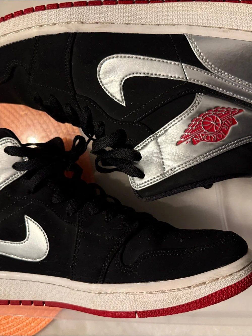 Nike Black White Silver Red Air Jordan 1 Mid Sneakers